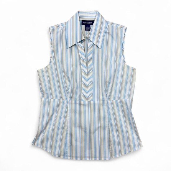 Y2K Vintage Ann Taylor Blue‎ White Striped Sleeveless Blouse 2 Collared Fitted - Picture 1 of 4